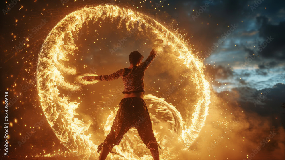 Naklejka premium A person is standing in front of a fire, with a large circle of fire around them