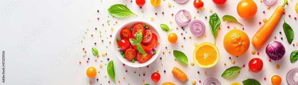 Gourmet plating, colorful ingredients, creative presentation, flat design illustration Gourmet plating, colorful ingredients, creative presentation, flat design illustration