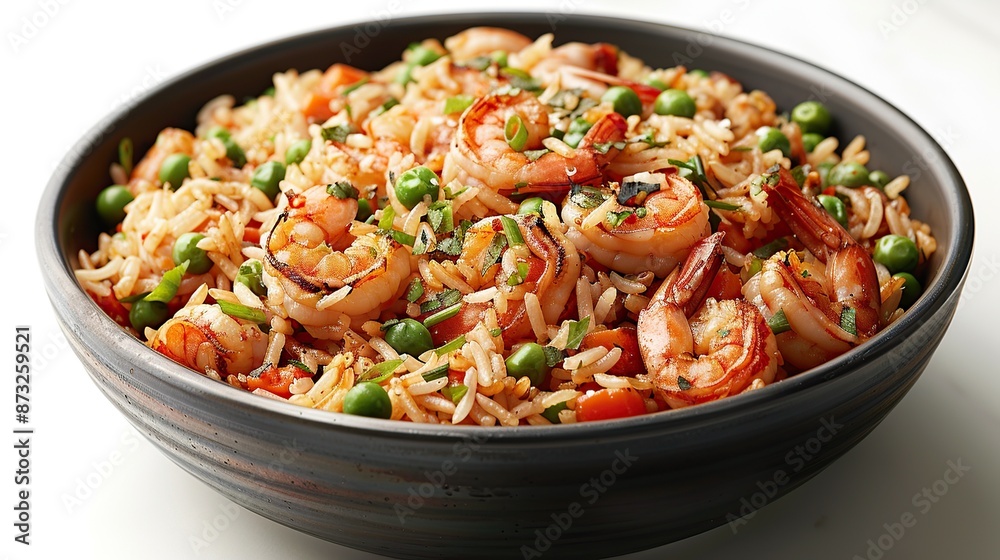 Bowl of Spicy Shrimp Fried Rice with Peas