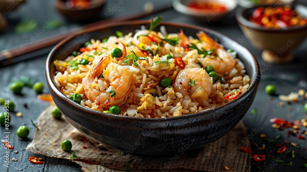 Bowl of Spicy Shrimp Fried Rice with Peas Bowl of Spicy Shrimp Fried Rice with Peas