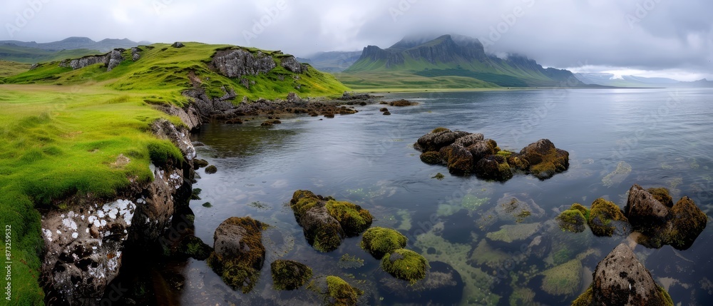 A large body of water encircled by lush, green hills and a verdant, grass-covered hillside on an overcast day A large body of water encircled by lush, green hills and a verdant, grass-covered hillside on an overcast day