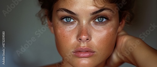  A tight shot of a woman's freckled face, displaying distinctive frecks on her cheeks