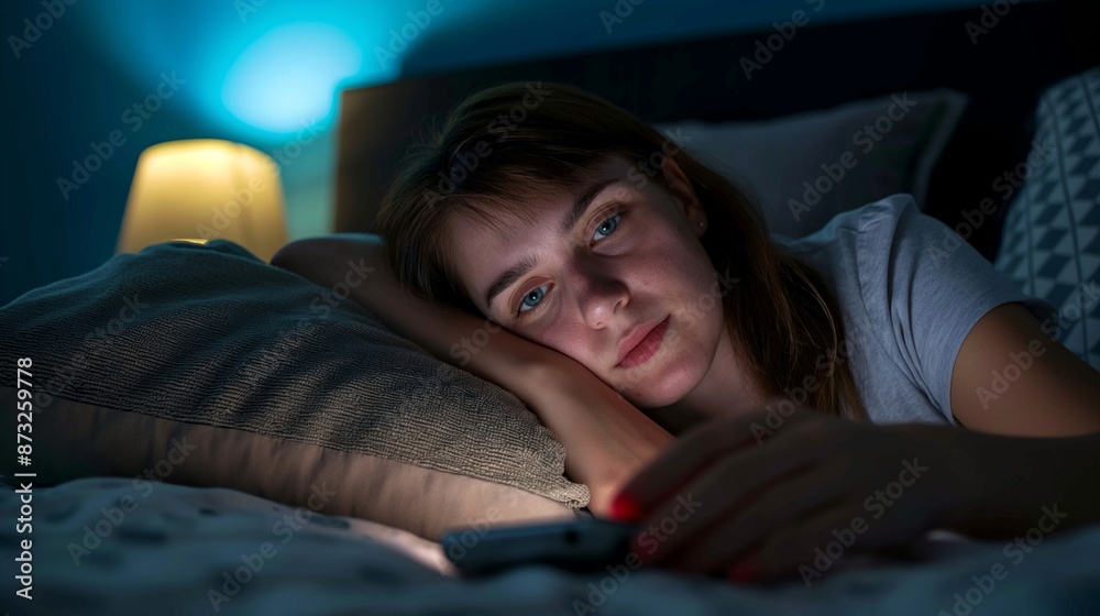 Woman Lying in Bed with Smartphone, Illuminated by Blue and Warm Night Lights, Contemplative Expression, Nighttime Scene, Cozy Bedroom Atmosphere, Reflective Evening Moment