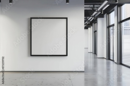 minimalist gallery space single black frame on white wall dramatic lighting negative space contemporary art concept