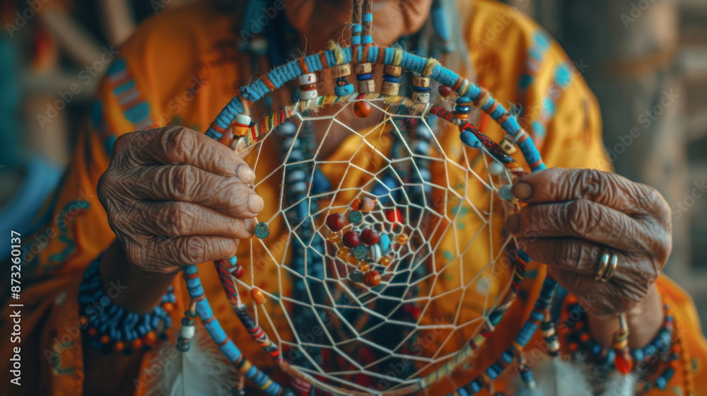 Fototapeta premium A woman holds a dreamcatcher in her hands