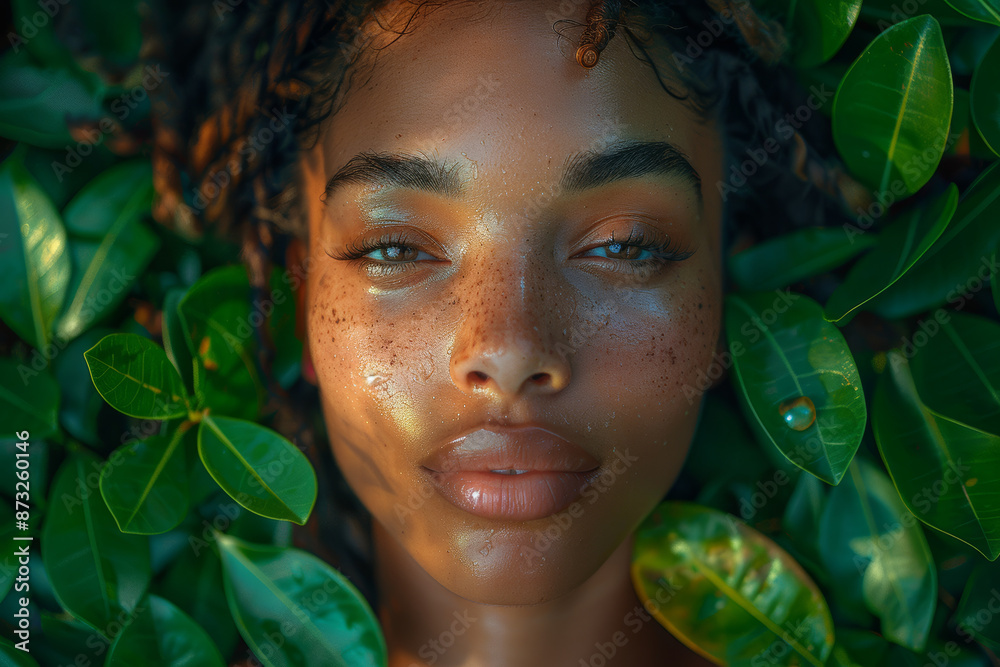 Serene Woman with Glowing Skin Surrounded by Lush Green Foliage Serene Woman with Glowing Skin Surrounded by Lush Green Foliage