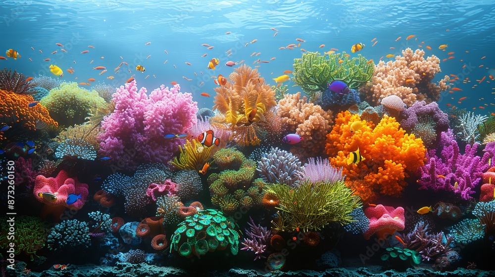 Naklejka premium Underwater coral reef scene with colorful fish and marine life, ideal for marine conservation themes. , Minimalism,