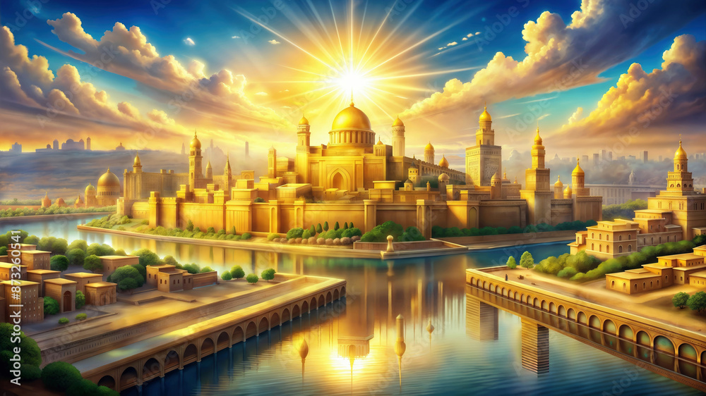 Obraz premium A painting of a holy city with a large golden building in the center