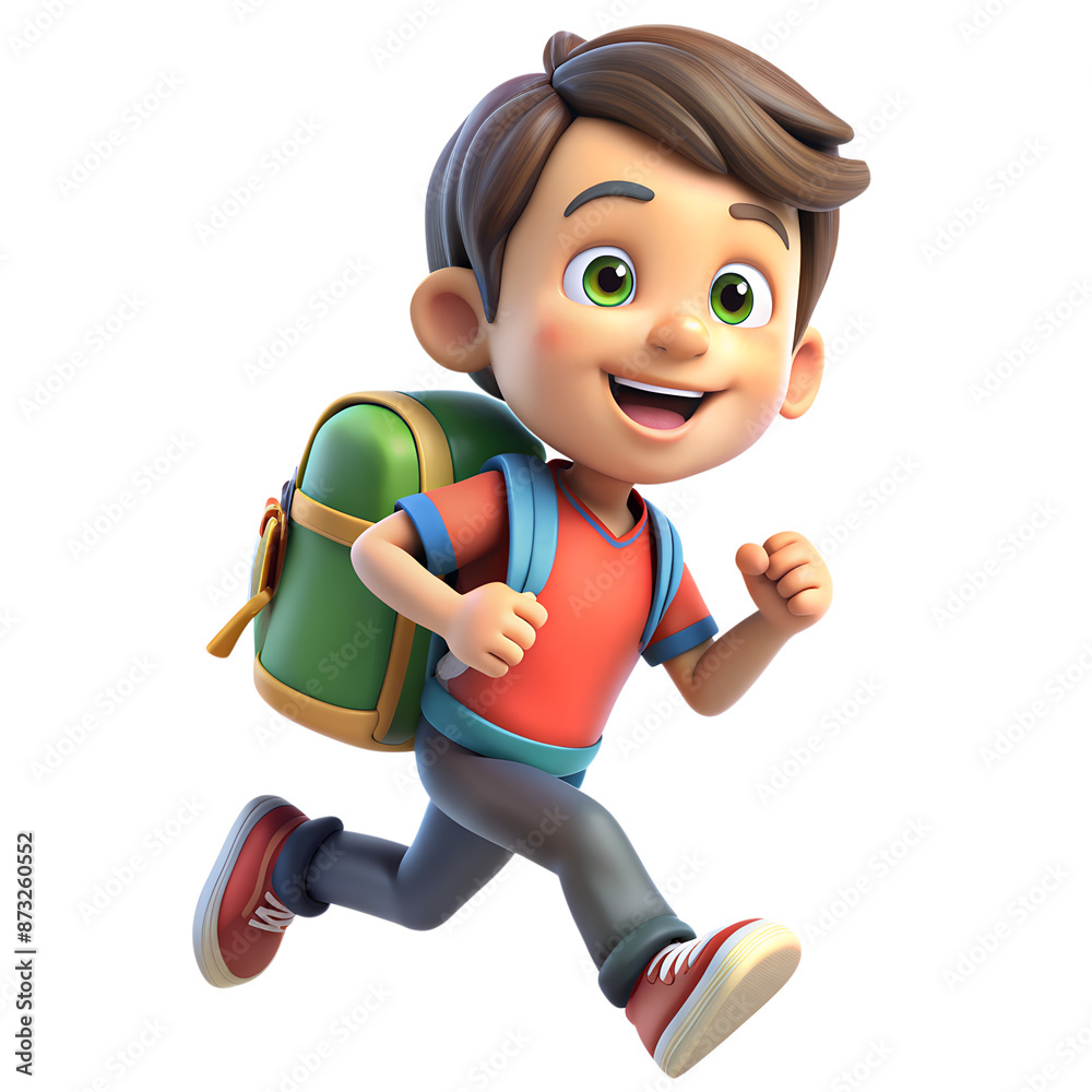 3D illustration of a cute boy running with a backpack heading back to school fun