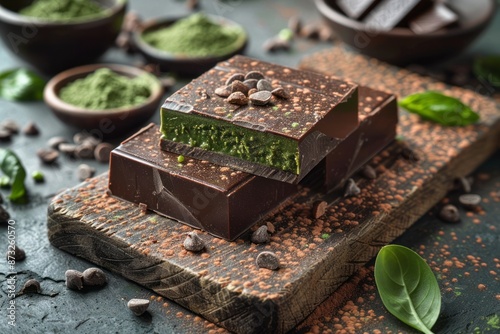 A close-up of a piece of matcha chocolate. Matcha dessert, Matcha sweets, matcha candy, green tea chocolate on a wooden board, with cocoa powder and green tea leaves sprinkled around