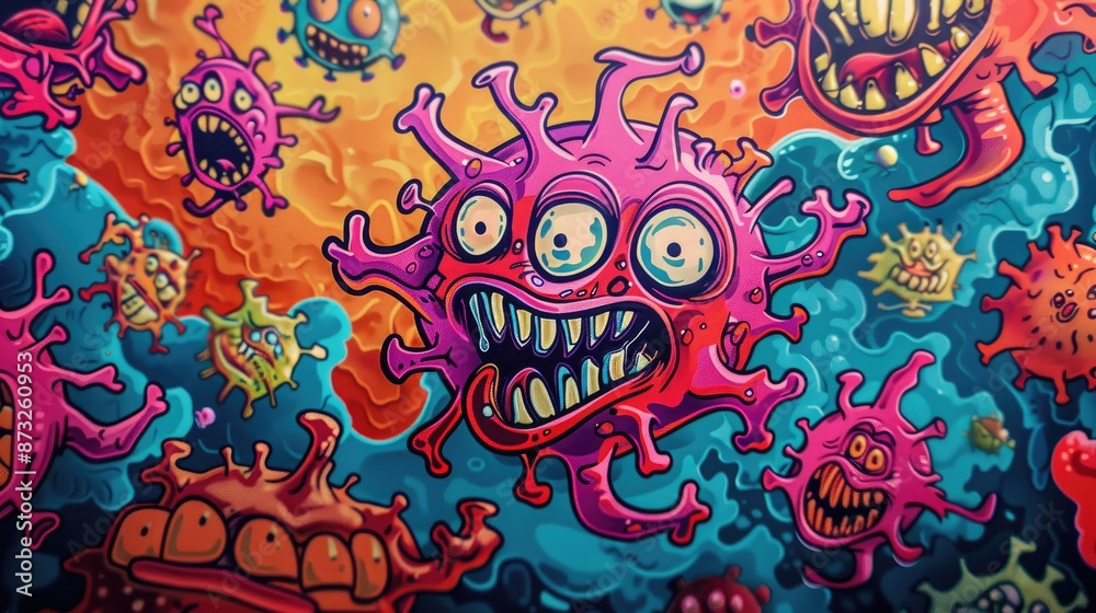 Light-hearted virus drawings engaging in funny activities, set against a lively and colorful background Light-hearted virus drawings engaging in funny activities, set against a lively and colorful background