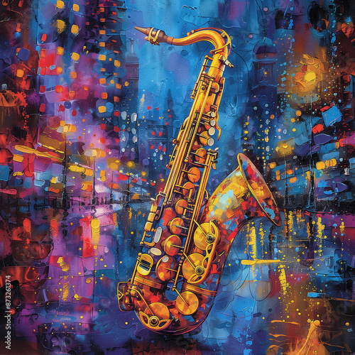  Jazz instrument saxophone with city light, abstract design, colorful line, funk art.