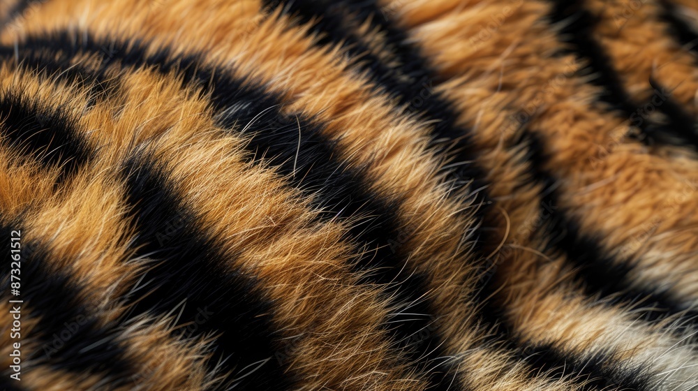 Macro shot of tiger fur, emphasizing the rich orange and black stripes, perfect for wildlife and texture themes