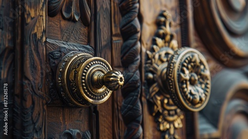 Vintage gold doorknob on carved wooden surface with a baroque style