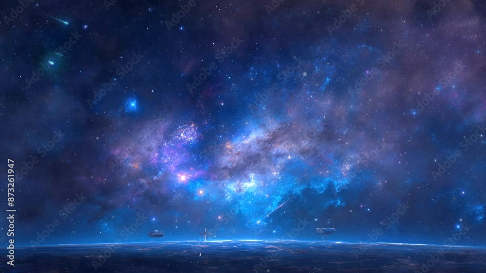 Starry night sky with a view of the Milky Way galaxy and distant planets. Space animation background concept Starry night sky with a view of the Milky Way galaxy and distant planets. Space animation background concept