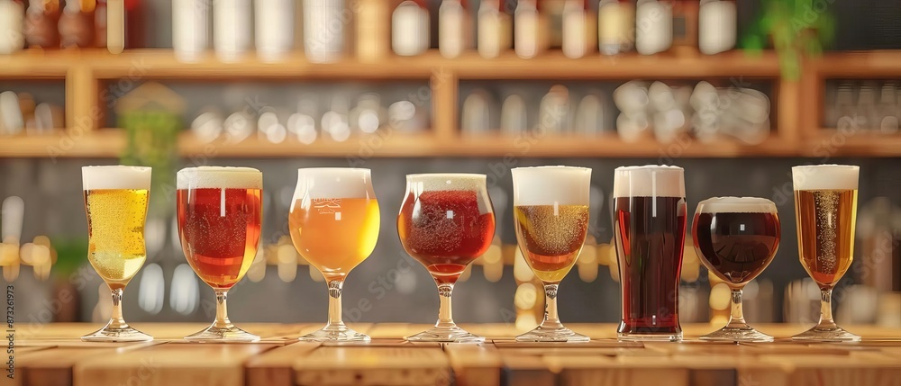 Assortment of beer glasses on a bar counter. Assortment of beer glasses on a bar counter.