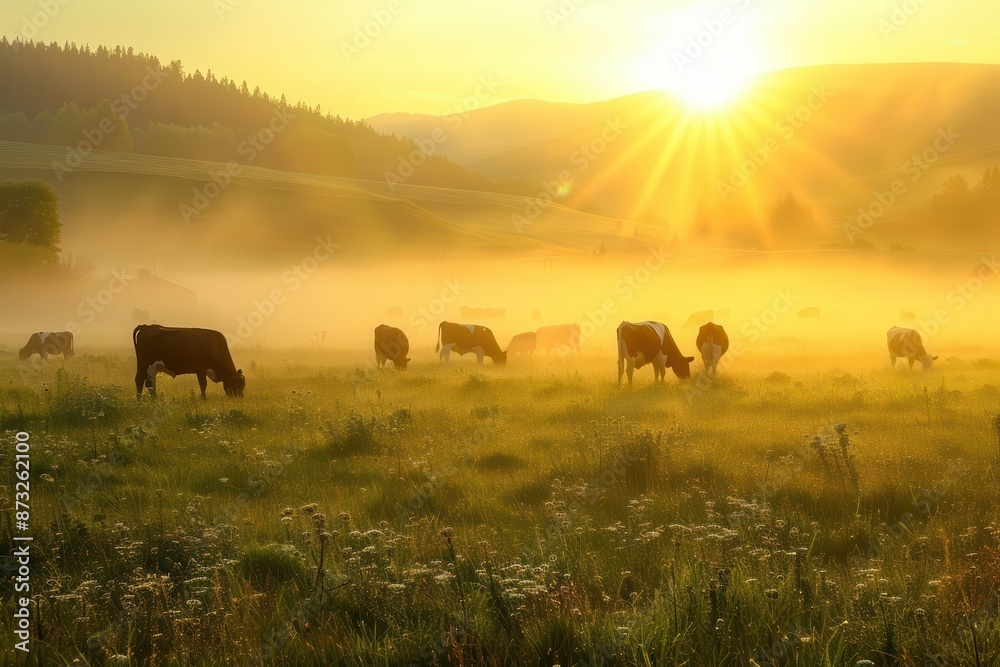misty meadow at dawn cows grazing dewdrops on grass golden sunlight piercing through fog panoramic composition misty meadow at dawn cows grazing dewdrops on grass golden sunlight piercing through fog panoramic composition