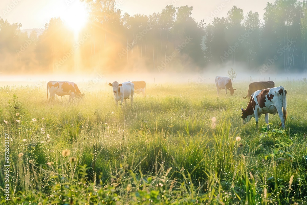 Obraz premium misty meadow at dawn cows grazing dewdrops on grass golden sunlight piercing through fog panoramic composition