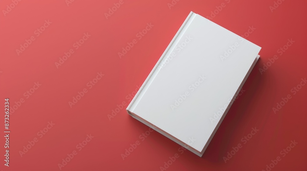 Minimalistic blank white book mockup on a plain red background, ready for personalized cover artwork Minimalistic blank white book mockup on a plain red background, ready for personalized cover artwork