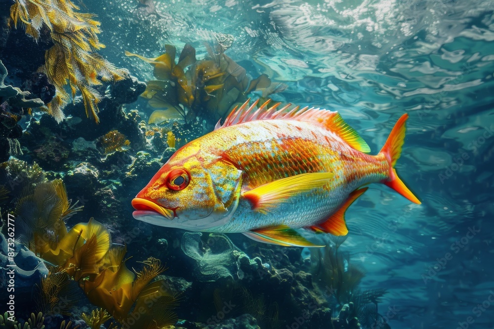 Naklejka premium A vibrant red and yellow fish swims through clear blue water with sunlight beaming through the surface