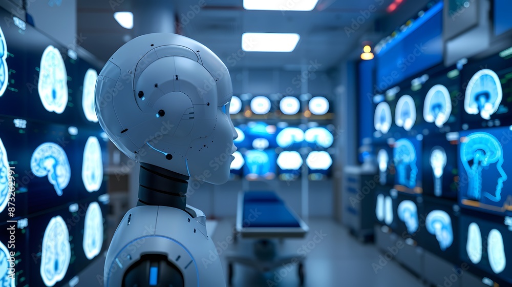 Humanoid Medical Robot in Futuristic Concept Viewing Virtual Charts Humanoid Medical Robot in Futuristic Concept Viewing Virtual Charts