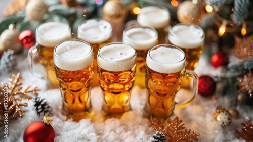 A festive arrangement of beer mugs with snowy background and Christmas ornaments.