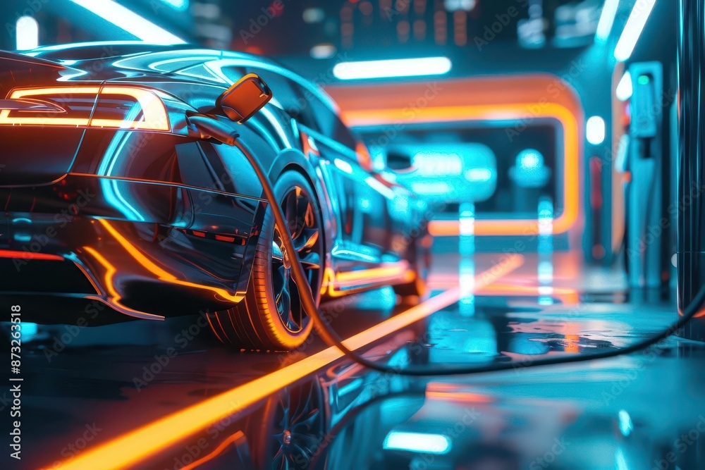 modern electric car charging at ev station with vibrant blurred light trails innovative transportation technology concept modern electric car charging at ev station with vibrant blurred light trails innovative transportation technology concept