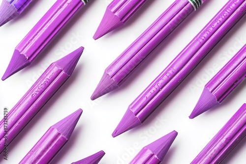 Purple crayons arranged repetitively on a white background, photo