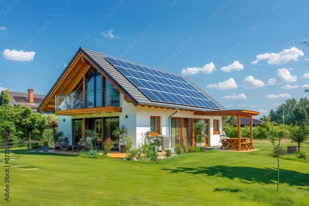 modern house with solar panels on roof lush green yard blue sky background renewable energy concept photo modern house with solar panels on roof lush green yard blue sky background renewable energy concept photo