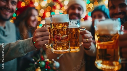 Friends clinking beer mugs in celebration during festive holiday season.