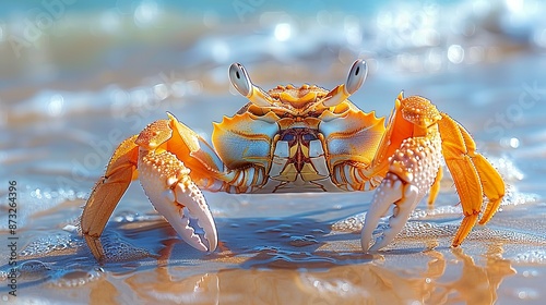 Detailed illustration of a cute crab on a sandy beach, ideal for beach-themed designs. , Minimalism, photo