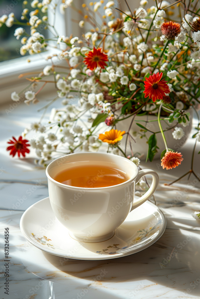 Sunny Morning Tea with Fresh Flowers on Marble Countertop Sunny Morning Tea with Fresh Flowers on Marble Countertop