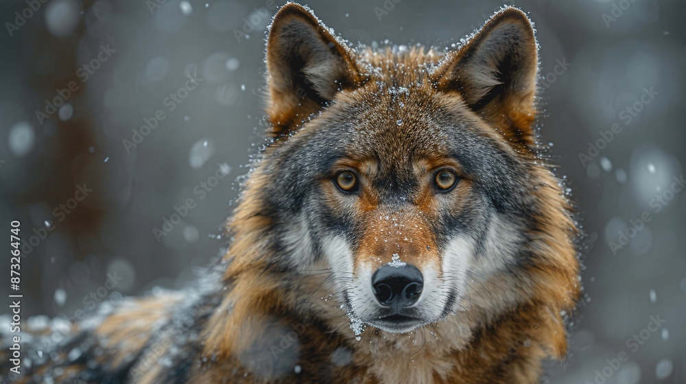 Wolf in snowfall looking at camera. Wolf in snowfall looking at camera.