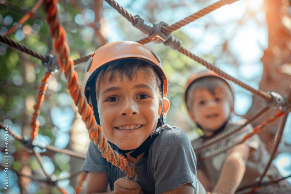 Smiling boy in an adventure park with safety gear Smiling boy in an adventure park with safety gear
