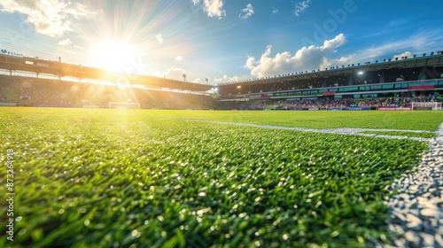 Wide-angle shot of a sun-drenched soccer field, empty yet inviting, set against a backdrop of distant cheering fans in the stands.
