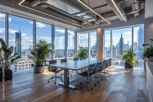modern openplan office with floortoceiling windows sleek conference room ergonomic workstations indoor plants city skyline view © Bijac