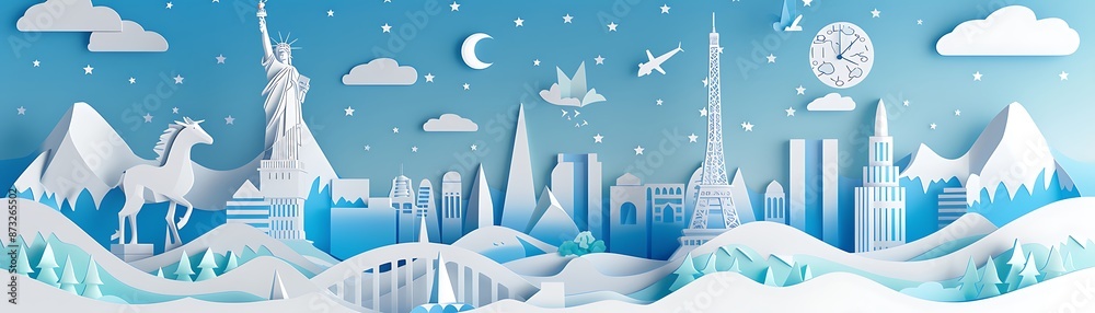 Snowy Blue Metropolis Skyline and World Landmark Papercut Illustration Snowy Blue Metropolis Skyline and World Landmark Papercut Illustration