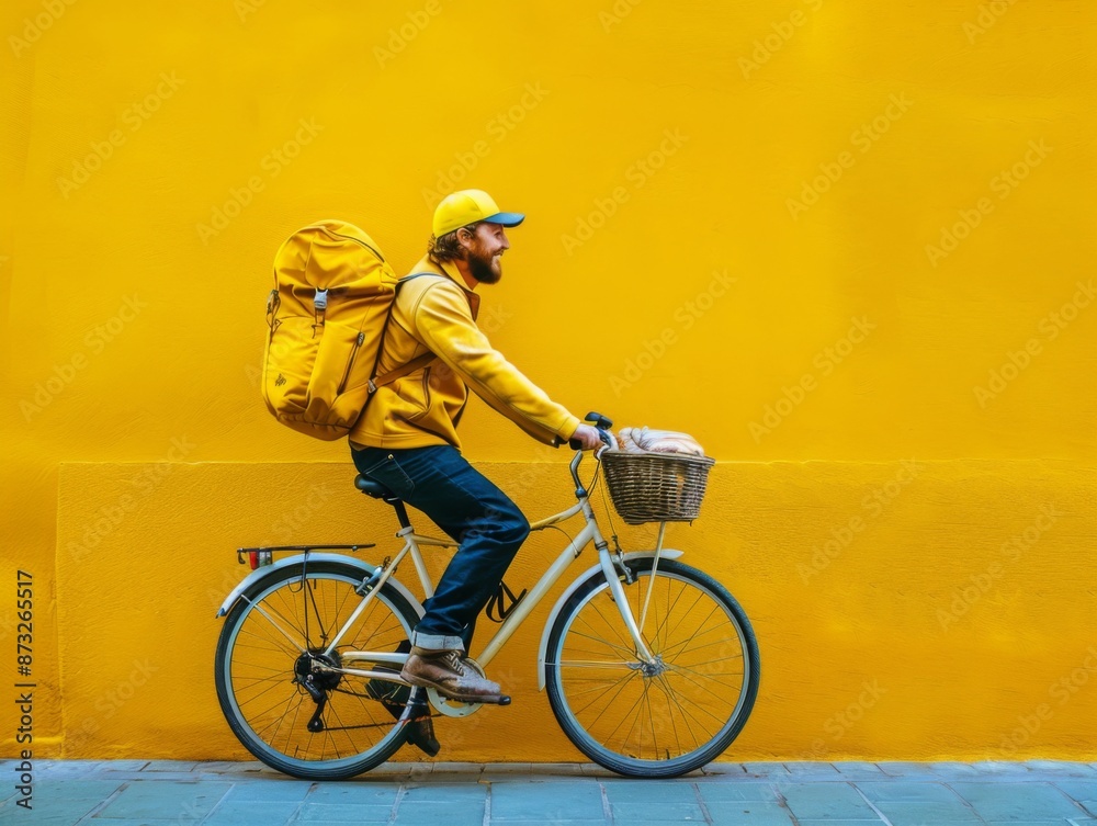 Obraz premium A cheerful delivery man rides a bicycle through the city with a large yellow backpack, ready to deliver packages. With copy space for text.