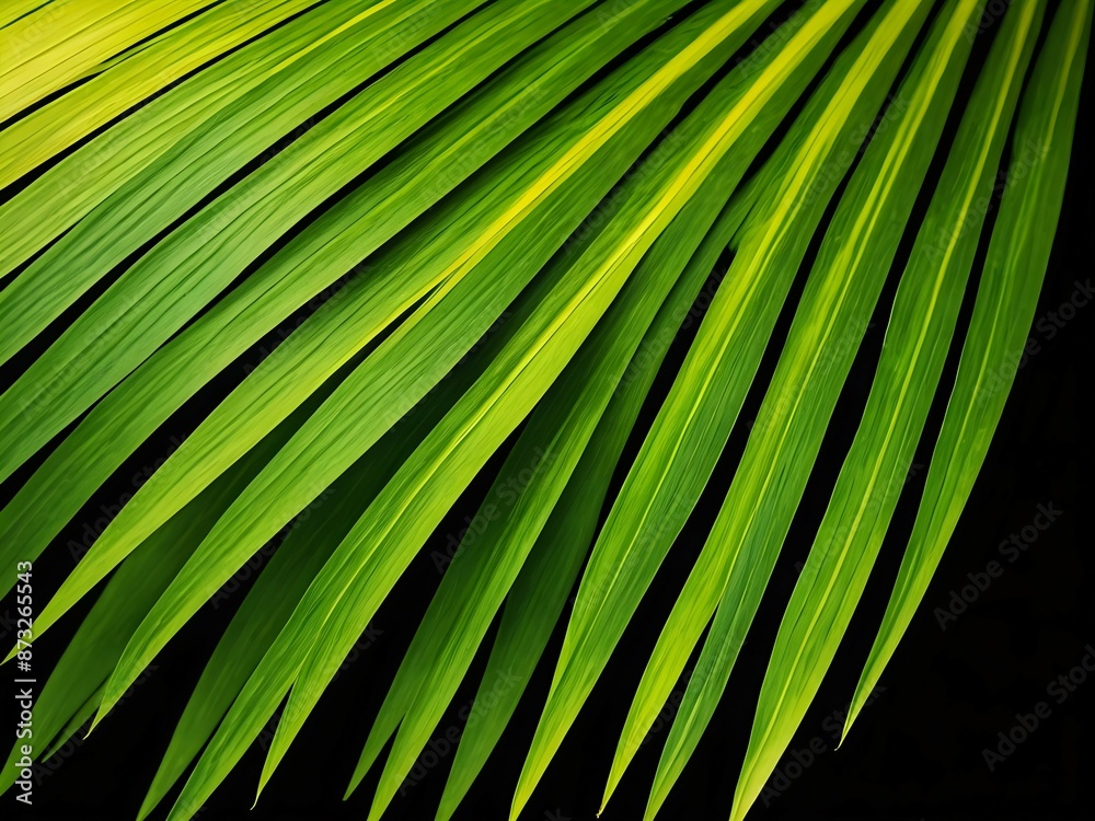 Fototapeta premium Closeup of palm leaves, green and yellow stripes, dark background, tropical.