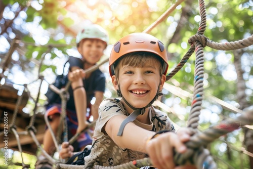 Smiling boy and girl having fun climbing a rope obstacle course in the trees