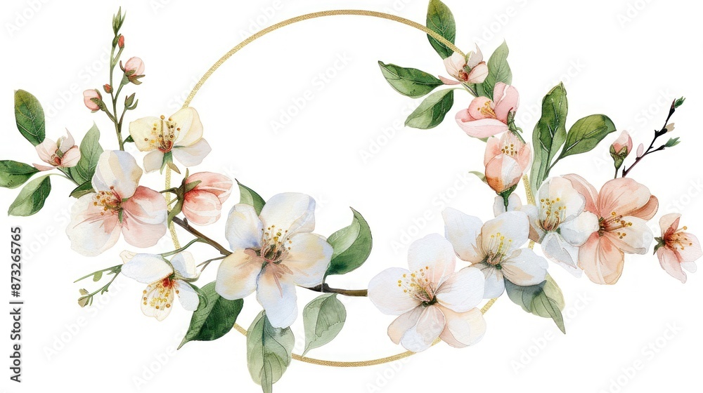 Obraz premium Elegant floral wreath with blooming flowers and green leaves, perfect for invitations and decorative designs.
