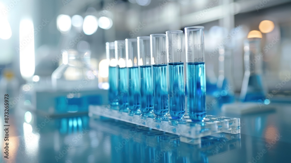 Laboratory test tubes filled with blue liquid, arranged in a row on a blurred background, representing scientific research and experiments.