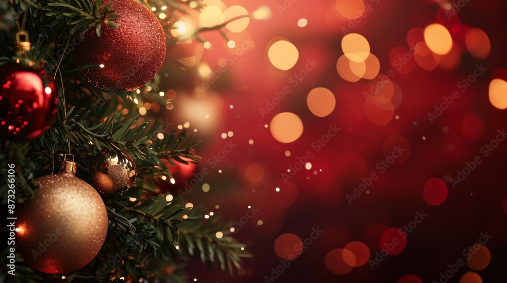 A joyful Christmas background showcasing sparkling baubles and evergreen spruce branches A joyful Christmas background showcasing sparkling baubles and evergreen spruce branches