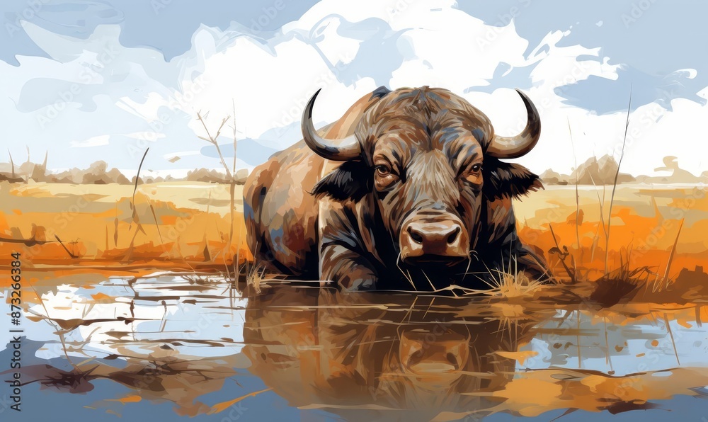 Naklejka premium Buffalo wallowing in mud flat design side view grassland theme water color Triadic Color Scheme