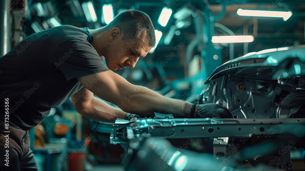 The engineer is checking the alignment of car frames. The engineer is checking the alignment of car frames.