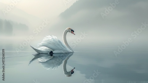 Fototapeta Naklejka Na Ścianę i Meble -  Gentle illustration of a graceful swan gliding on a tranquil lake, suitable for relaxation themes. , Minimalism,