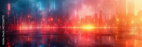 Futuristic Neon Cityscape at Sunset with Vibrant Red and Blue Lights Reflecting on Calm Water Surface