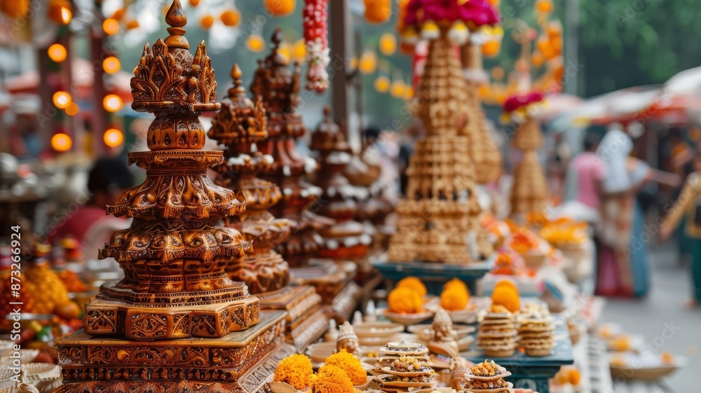 Fototapeta premium A vibrant market stall displays ornate religious statues and offerings, bustling with activity in the background.