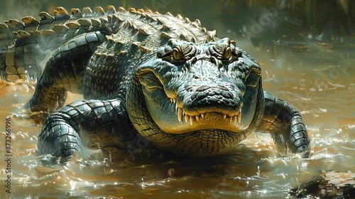 Detailed depiction of a fierce crocodile lurking in murky waters, ideal for adventure illustrations. , Minimalism,