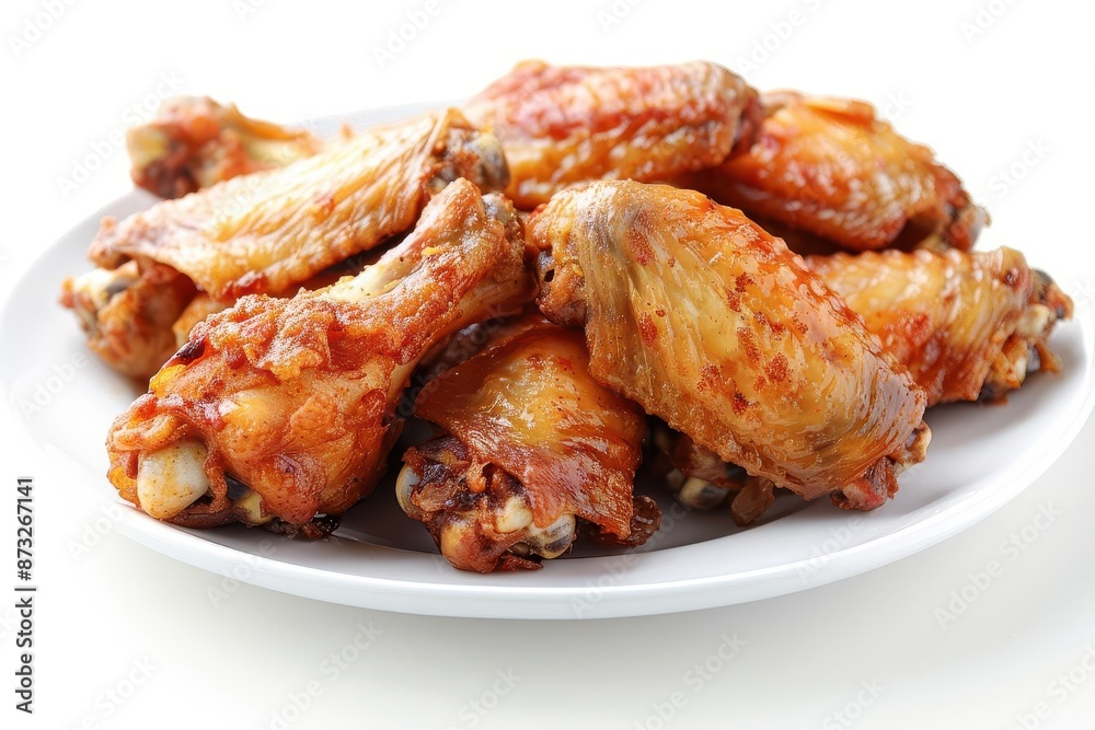 mouthwatering plate of crispy fried chicken wings perfectly golden and glistening arranged artfully on a white background for maximum visual impact